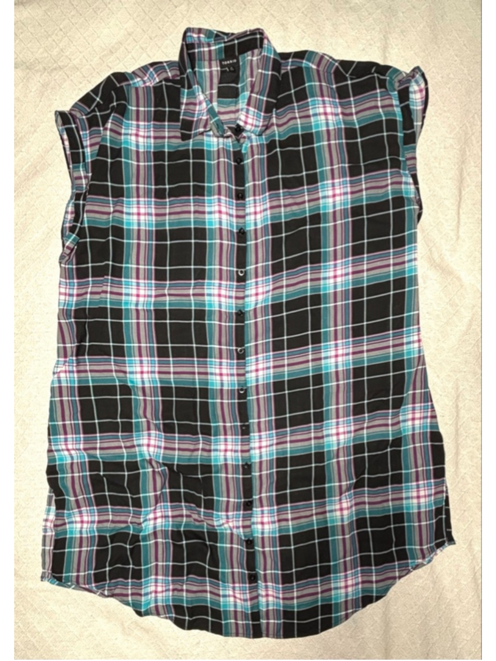 EUC Torrid Black Aqua Purple Plaid Chiffon Button Down Shirt Kimono Size 3X - Picture 2 of 7